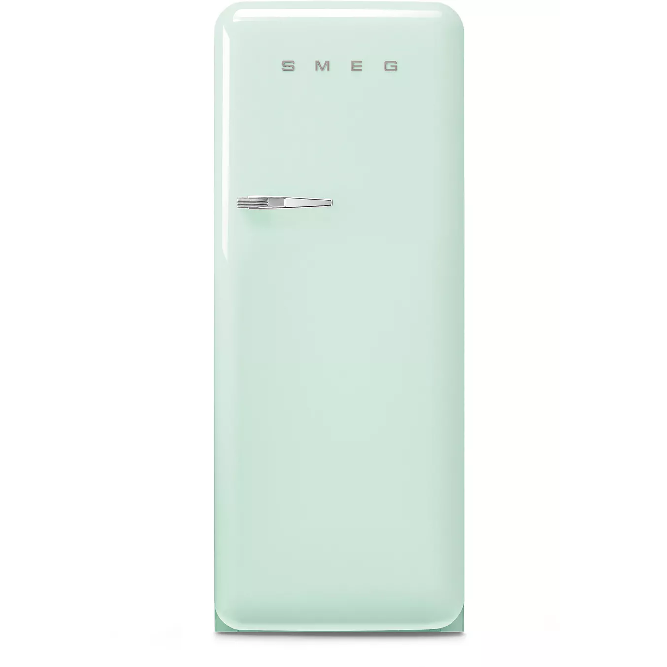 Le SMEG FAB28RPG6 est un réfrigérateur vert menthe de style rétro avec une seule porte et une poignée chromée, présenté de face.