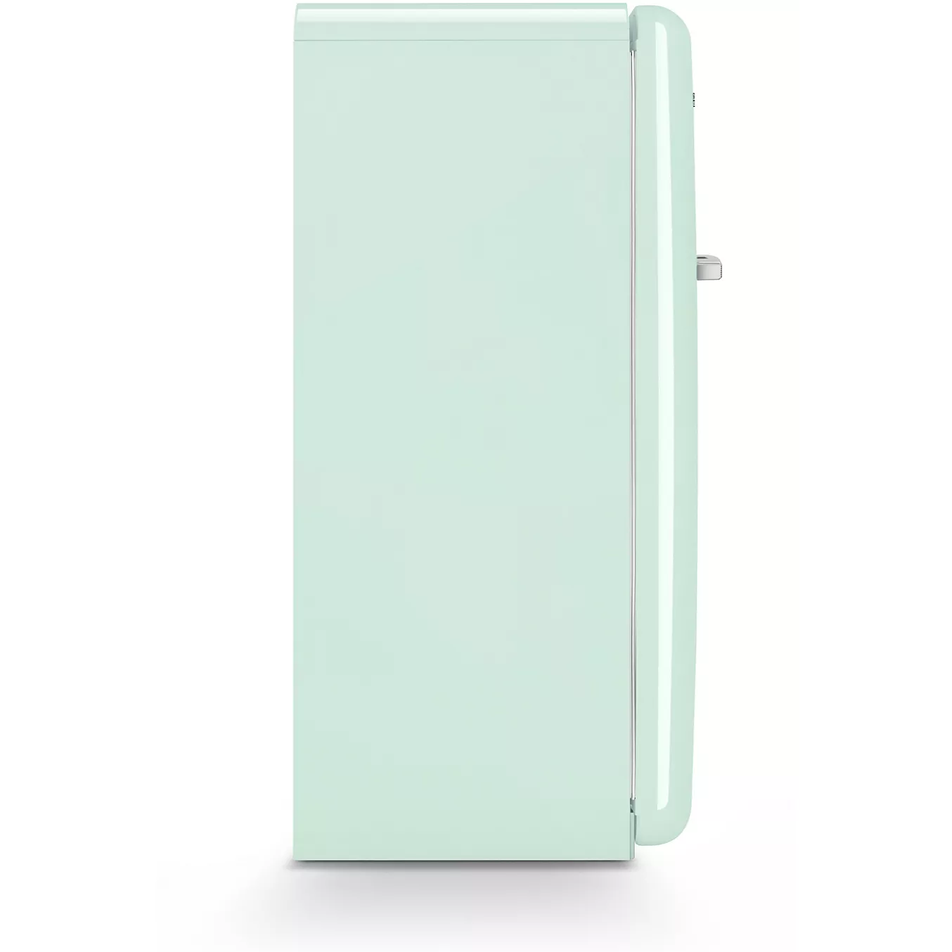 Vue latérale du réfrigérateur SMEG FAB28RPG6 en vert clair, avec un design rétro, une poignée argentée et un aspect minimaliste.