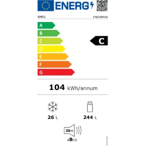 Réfrigérateur SMEG FAB28RPG6 : classe énergétique C, 104 kWh/an, réfrigérateur 244L, congélateur 26L, silencieux à 35 dB.