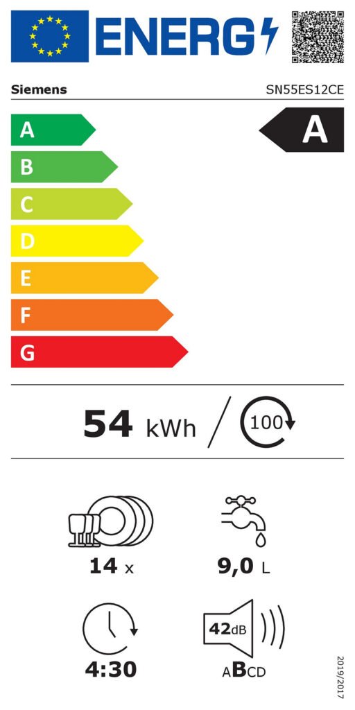 Lave-vaisselle SIEMENS SN63H800MF - STUDIOLINE (Copie) : classe énergétique A, 54 kWh/100 cycles, 14 couverts, 9 litres d'eau par cycle, seulement 42 dB pour un fonctionnement silencieux et efficace.
