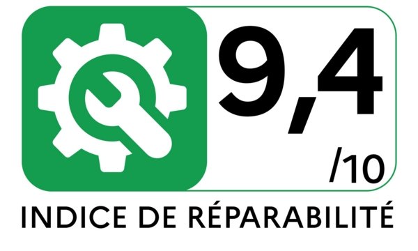 Le lave-vaisselle SIEMENS SN55ES12CE affiche une icône verte représentant un engrenage et une clé avec un "Indice de Réparabilité" de 9,4/10, ce qui souligne son excellente capacité de réparation.