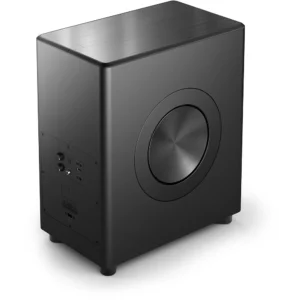 Le subwoofer PHILIPS TAFW1/10 présente un design noir élégant avec un cône de haut-parleur métallique latéral et un panneau de commande arrière, affiché sur un fond blanc.