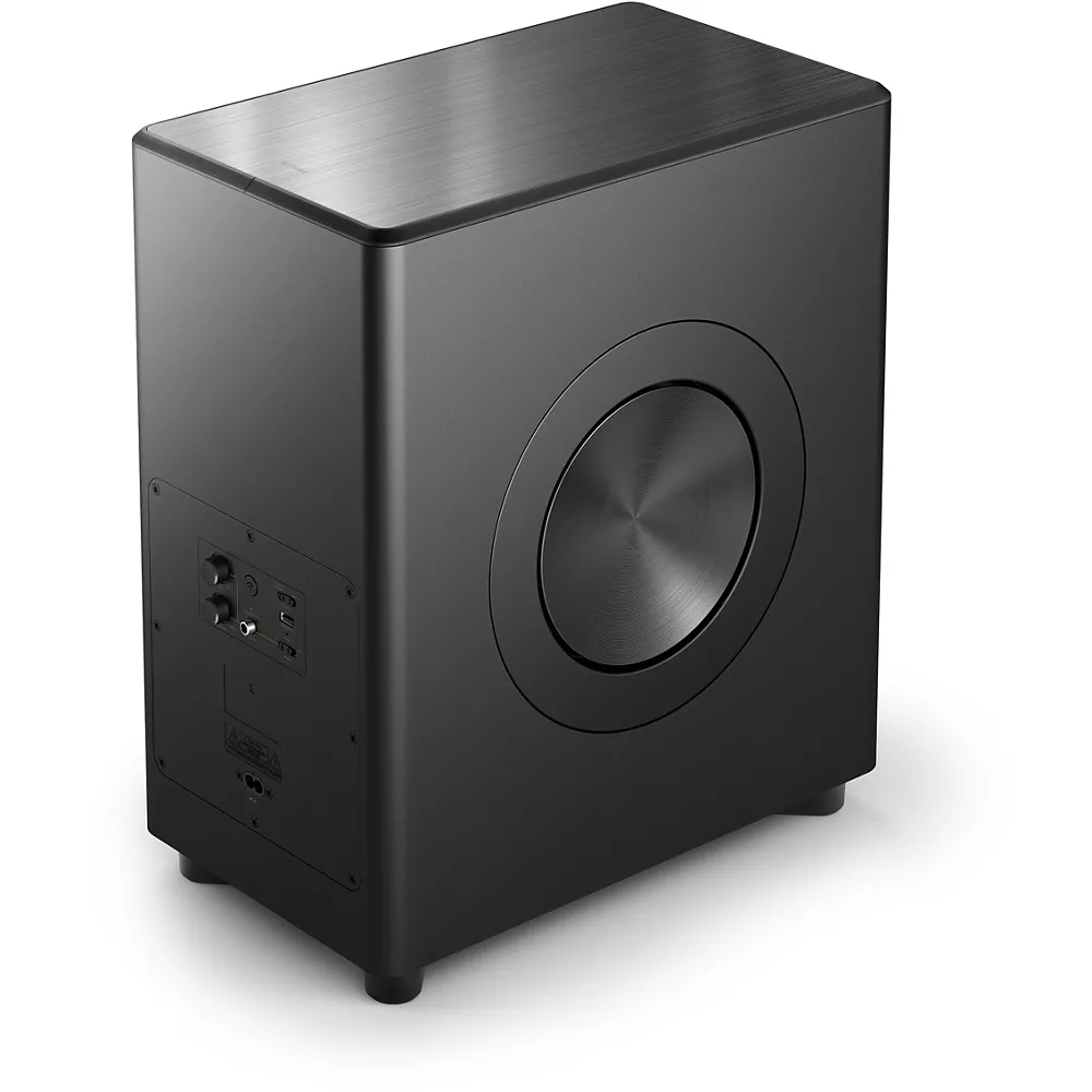 Le subwoofer PHILIPS TAFW1/10 présente un design noir élégant avec un cône de haut-parleur métallique latéral et un panneau de commande arrière, affiché sur un fond blanc.