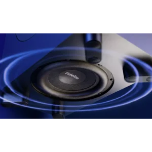 Gros plan d'un haut-parleur PHILIPS TAFW1/10 émettant des ondes sonores sur un fond bleu.