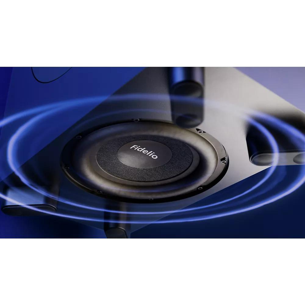 Gros plan d'un haut-parleur PHILIPS TAFW1/10 émettant des ondes sonores sur un fond bleu.