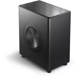 Le PHILIPS TAFW1/10 est un subwoofer noir rectangulaire et élégant avec un haut-parleur latéral circulaire, présenté avec élégance sur une surface blanche.