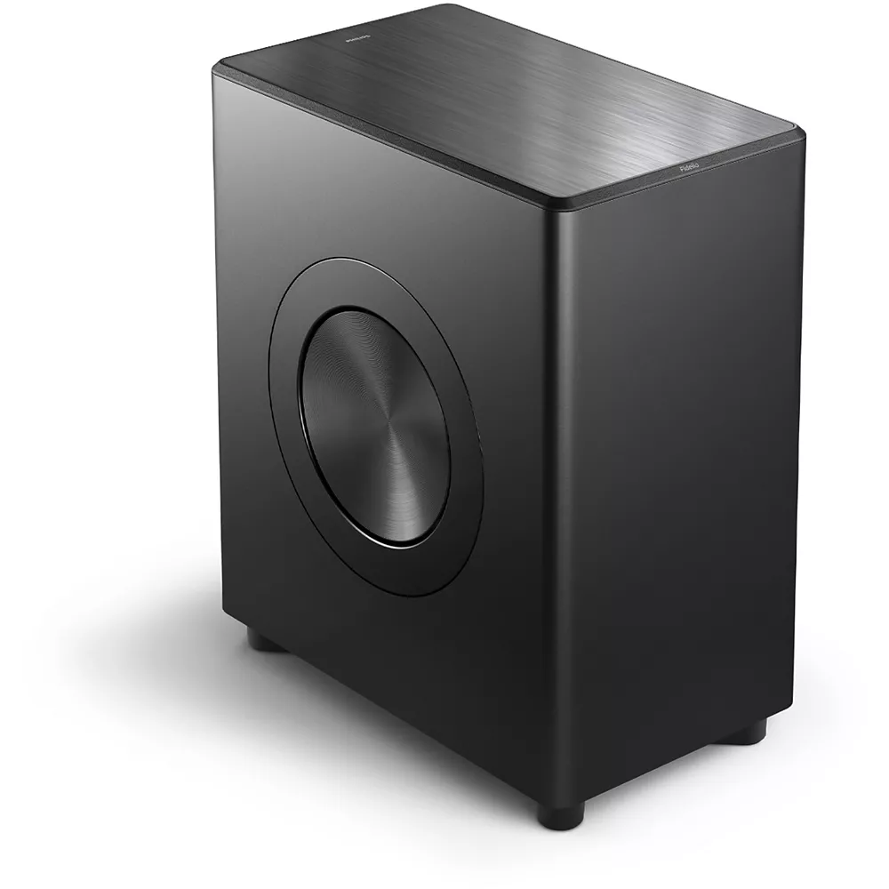 Le PHILIPS TAFW1/10 est un subwoofer noir rectangulaire et élégant avec un haut-parleur latéral circulaire, présenté avec élégance sur une surface blanche.