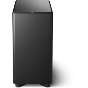 Le PHILIPS TAFW1/10 est un subwoofer rectangulaire noir avec un panneau supérieur brossé, montré sous l'angle avant-droit.