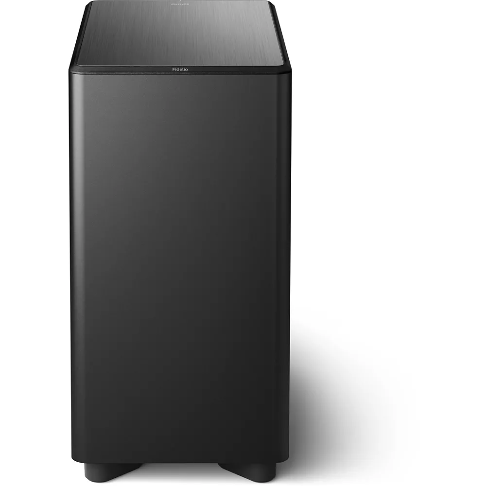 Le PHILIPS TAFW1/10 est un subwoofer rectangulaire noir avec un panneau supérieur brossé, montré sous l'angle avant-droit.