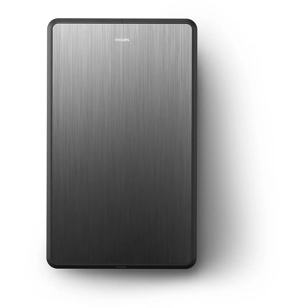 Le purificateur d'air PHILIPS TAFW1/10 présente un design rectangulaire élégant avec une façade en métal brossé sur fond blanc.