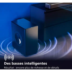 Le caisson de basse PHILIPS TAFW1/10 délivre des ondes sonores accompagnées d'un texte en français mettant en valeur ses basses intelligentes, riches et détaillées.