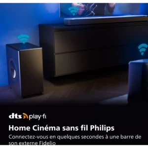 Le PHILIPS TAFW1/10 est un système home cinéma sans fil avec haut-parleur et barre de son, logo DTS Play-Fi et texte en français.