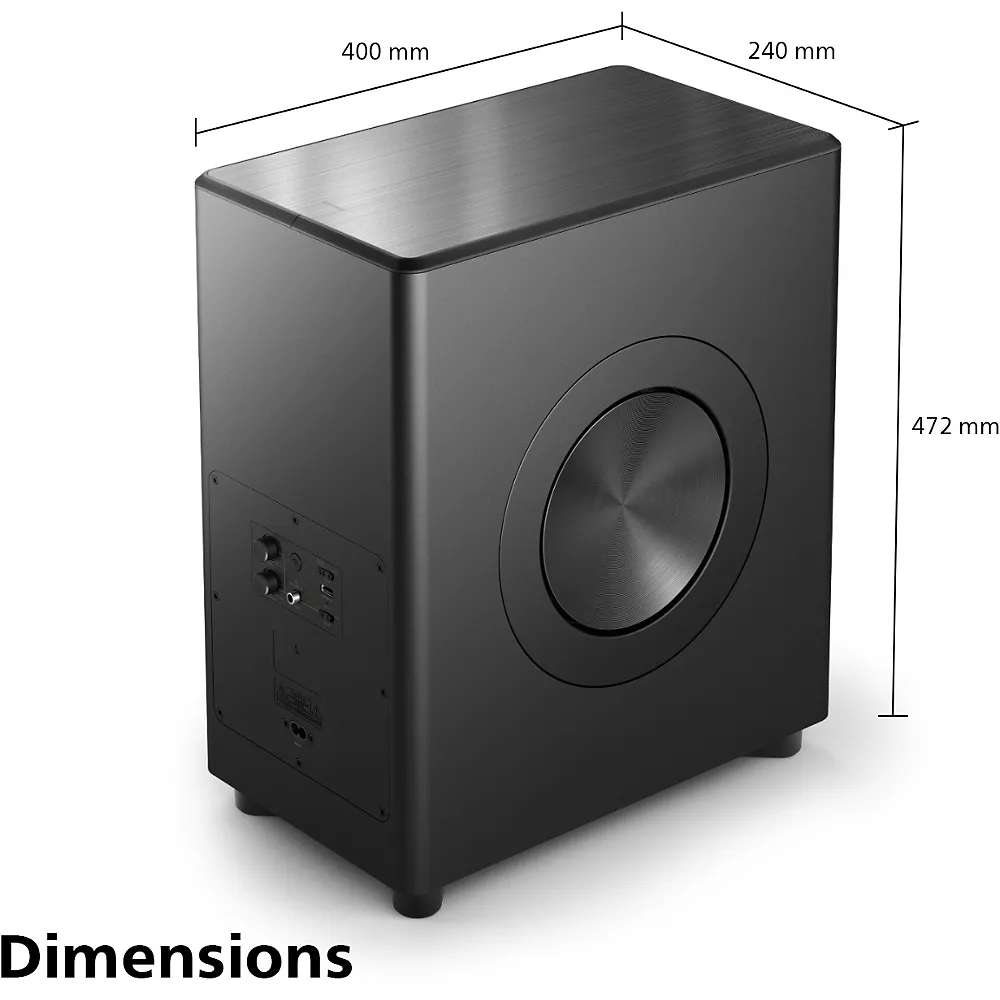 Le caisson de basse PHILIPS TAFW1/10 en noir est équipé de haut-parleurs latéraux, de ports arrière et mesure 400x240x472 mm.