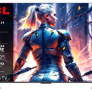 Un téléviseur TCL 55C72B QLED (55 pouces) présente une guerrière futuriste en armure, les spécifications du téléviseur étant affichées sur le côté gauche.