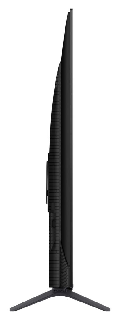 Vue latérale du téléviseur à écran plat TCL 55C72B avec deux pieds inclinés.