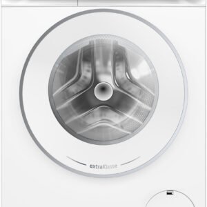 Vue de face du SIEMENS WG56H2A5FR, un lave-linge blanc avec écran digital et porte ronde en verre.