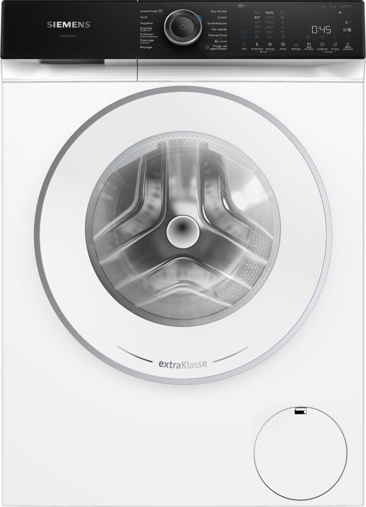 Vue de face du SIEMENS WG56H2A5FR, un lave-linge blanc avec écran digital et porte ronde en verre.