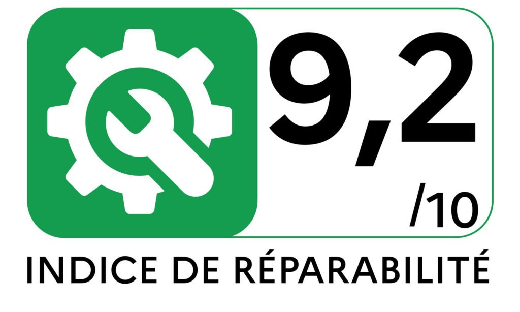 Le lave-linge SIEMENS WG56H2A5FR présente une icône verte représentant un engrenage et une clé, avec une note de réparabilité de 9,2/10, et est étiqueté "INDICE DE RÉPARABILITÉ".