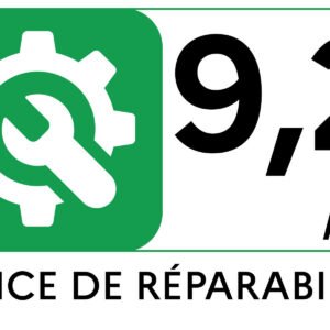Le lave-linge SIEMENS WG56H2A5FR présente une icône verte représentant un engrenage et une clé, avec une note de réparabilité de 9,2/10, et est étiqueté "INDICE DE RÉPARABILITÉ".