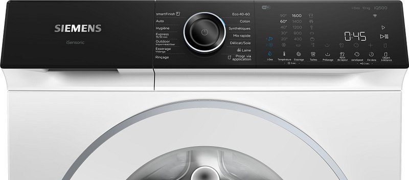 Gros plan du panneau de commande du lave-linge SIEMENS WG56H2A5FR, avec son écran et son cadran de programmation.