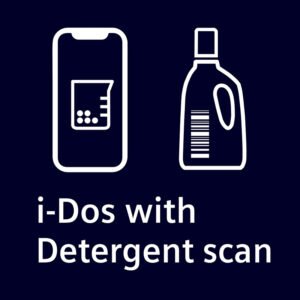 Dessin d'un téléphone avec un gobelet et une bouteille de détergent, plus "i-Dos with Detergent scan" - idéal pour votre lave-linge SIEMENS WG56H2A5FR.