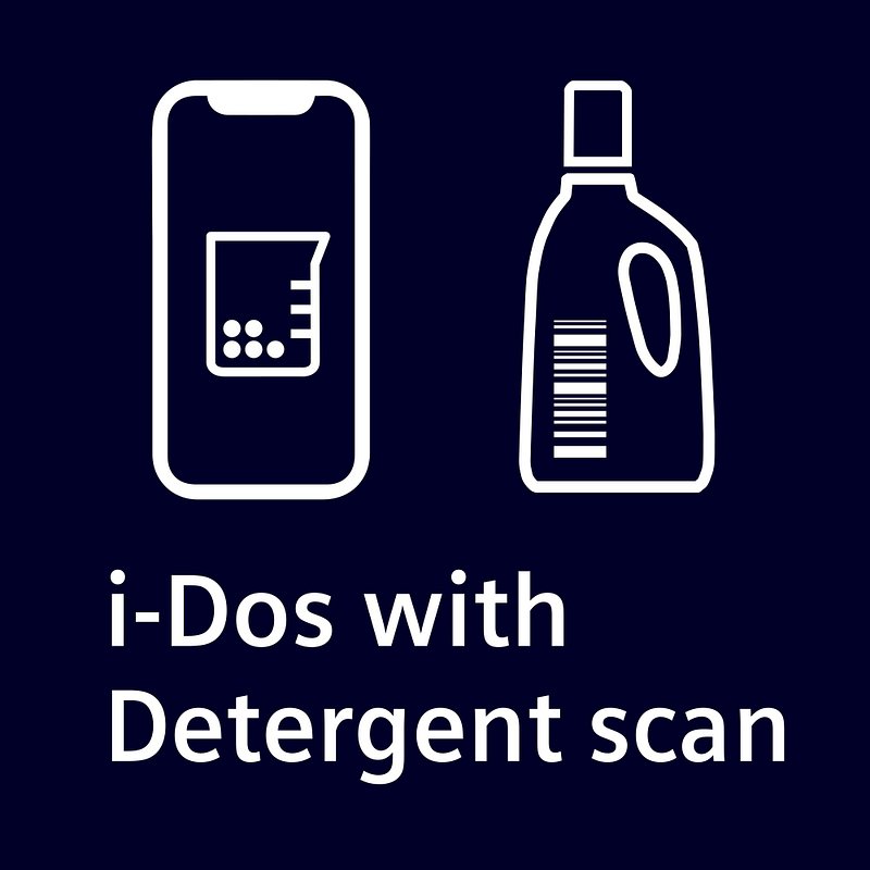 Dessin d'un téléphone avec un gobelet et une bouteille de détergent, plus "i-Dos with Detergent scan" - idéal pour votre lave-linge SIEMENS WG56H2A5FR.