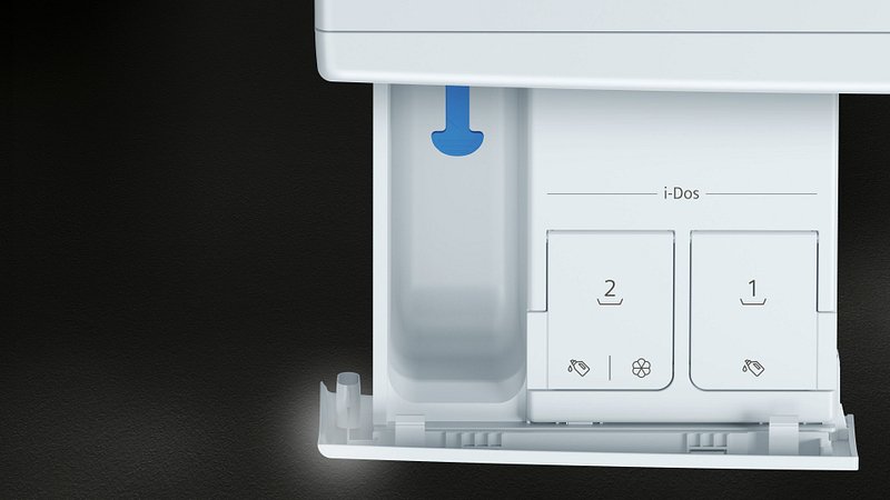 Gros plan du tiroir à lessive i-Dos du lave-linge SIEMENS WG56H2A5FR, montrant deux compartiments étiquetés : 1 et 2.