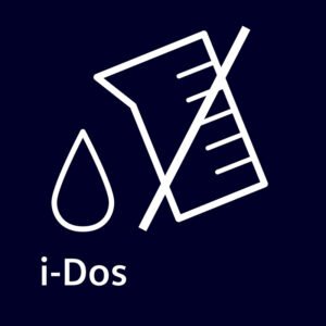 Une goutte blanche et un gobelet gradué barré avec le texte "i-Dos" sur un fond sombre symbolisent la fonction de dosage automatique du lave-linge SIEMENS WG56H2A5FR.