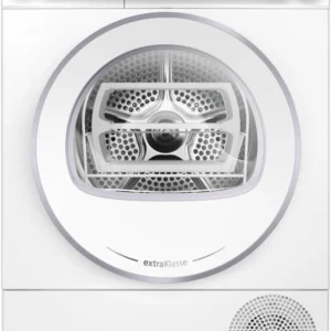 Vue de face du sèche-linge SIEMENS WQ46H2CAFR en blanc, doté d'une porte ronde et d'un panneau de commande numérique moderne.