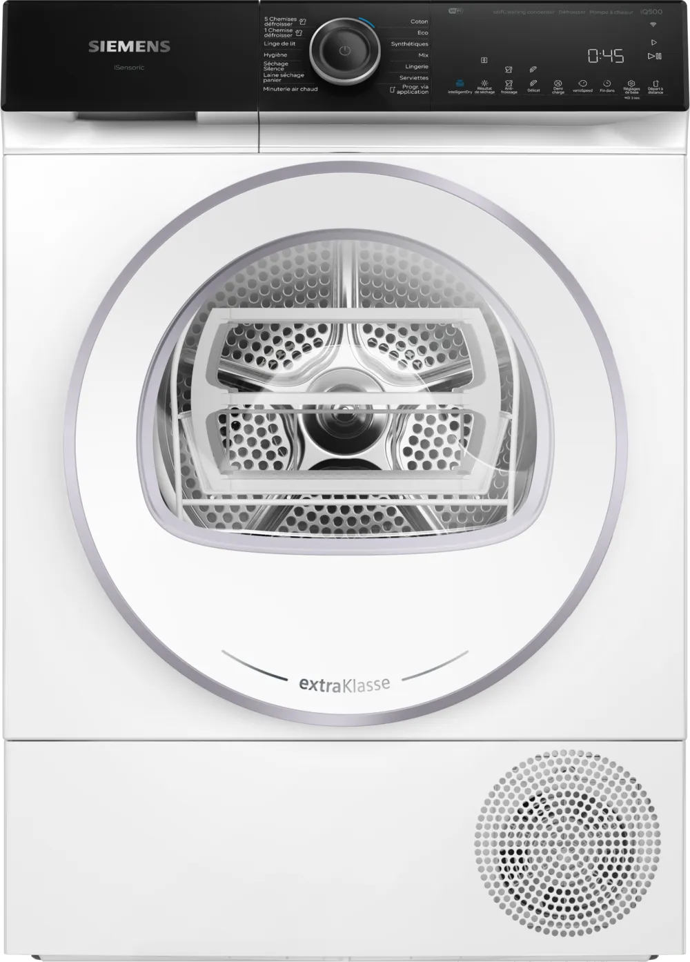 Vue de face du sèche-linge SIEMENS WQ46H2CAFR en blanc, doté d'une porte ronde et d'un panneau de commande numérique moderne.