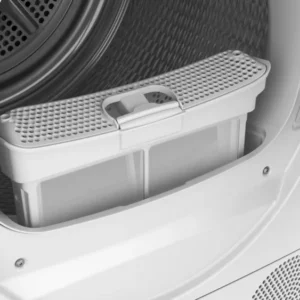 Gros plan de la porte ouverte du sèche-linge SIEMENS WQ46H2CAFR, montrant le filtre à peluches situé à l'intérieur du tambour.