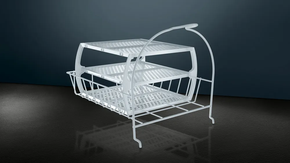 Le SIEMENS WQ46H2CAFR est un support de cuisine à trois niveaux en métal blanc avec panier latéral, idéal pour organiser votre espace. Présenté sur un fond gris foncé.