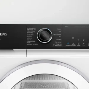 Gros plan du panneau de commande du lave-linge SIEMENS WQ46H2CAFR montrant les différents réglages de lavage et une minuterie numérique.