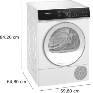Le SIEMENS WQ46H2CAFR est un sèche-linge blanc à chargement frontal doté d'un panneau de commande numérique et d'une porte circulaire en verre.