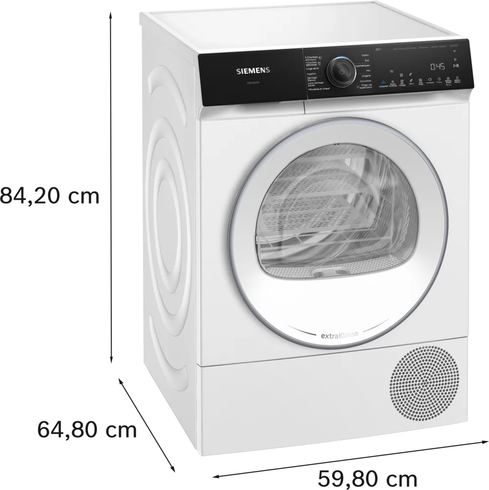 Le SIEMENS WQ46H2CAFR est un sèche-linge blanc à chargement frontal doté d'un panneau de commande numérique et d'une porte circulaire en verre.