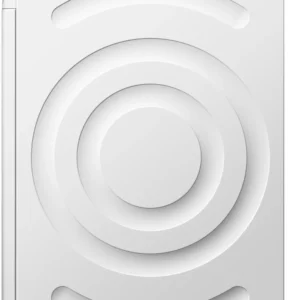 Vue latérale du lave-linge SIEMENS WQ46H2CAFR, qui présente des motifs circulaires et courbes en relief sur son panneau blanc.