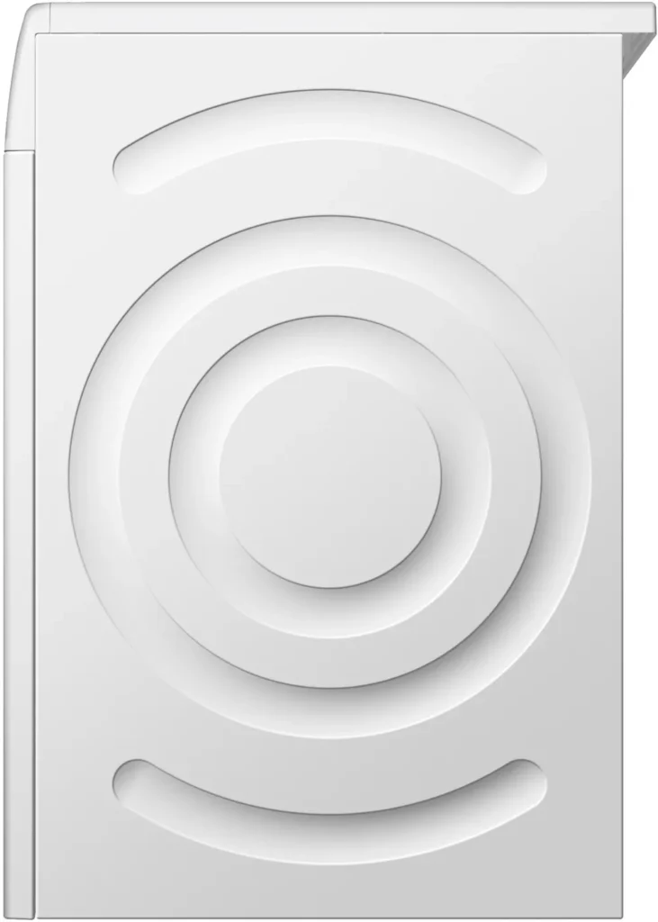 Vue latérale du lave-linge SIEMENS WQ46H2CAFR, qui présente des motifs circulaires et courbes en relief sur son panneau blanc.