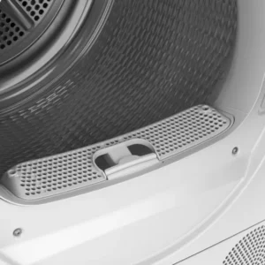 Gros plan d'une porte de sèche-linge SIEMENS WQ46H2CAFR ouverte, révélant le filtre à peluches et le tambour intérieur.
