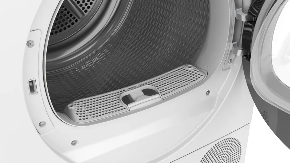 Gros plan d'une porte de sèche-linge SIEMENS WQ46H2CAFR ouverte, révélant le filtre à peluches et le tambour intérieur.