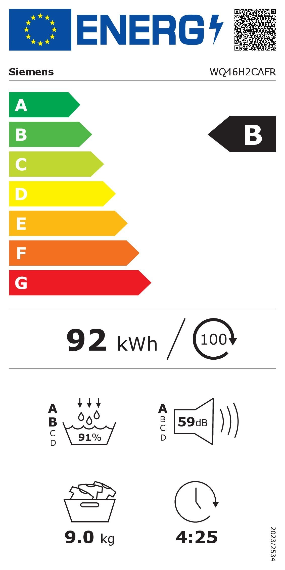 SIEMENS WQ46H2CAFR : Label énergétique B, 92 kWh/100 cycles, 91% d'efficacité, 59dB de bruit, capacité de 9kg, cycle de 4h25m.