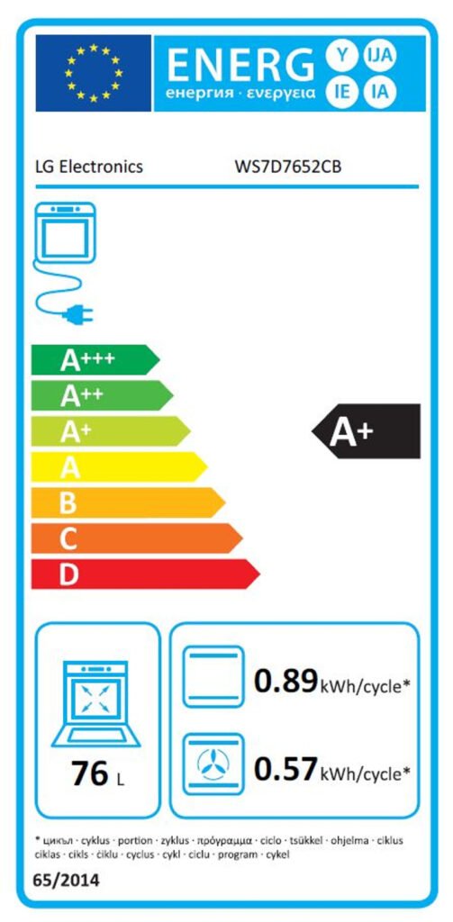 L'appareil LG WS7D7652CB possède un label énergétique européen classé A+, indiquant une utilisation efficace de l'énergie et une capacité de 76 litres.
