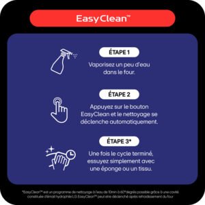Pour le LG WS7D7652CB EasyClean : vaporisez de l'eau, appuyez sur le bouton et essuyez avec une éponge ou un chiffon une fois le cycle de nettoyage terminé.