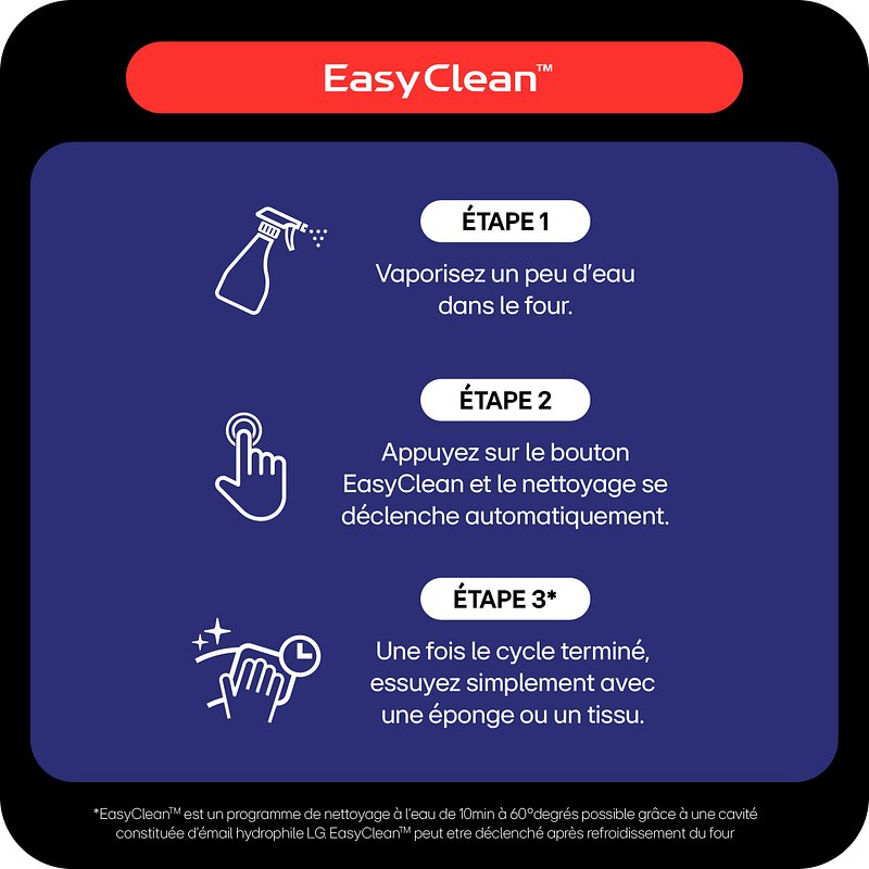 Pour le LG WS7D7652CB EasyClean : vaporisez de l'eau, appuyez sur le bouton et essuyez avec une éponge ou un chiffon une fois le cycle de nettoyage terminé.