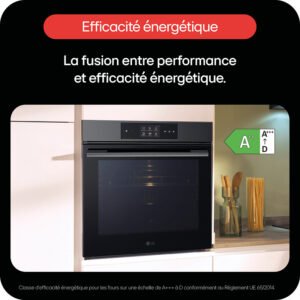Le four encastrable LG WS9D7676CB noir, doté d'une efficacité énergétique A++, est placé sur le plan de travail de la cuisine, à côté de bocaux et d'ustensiles.