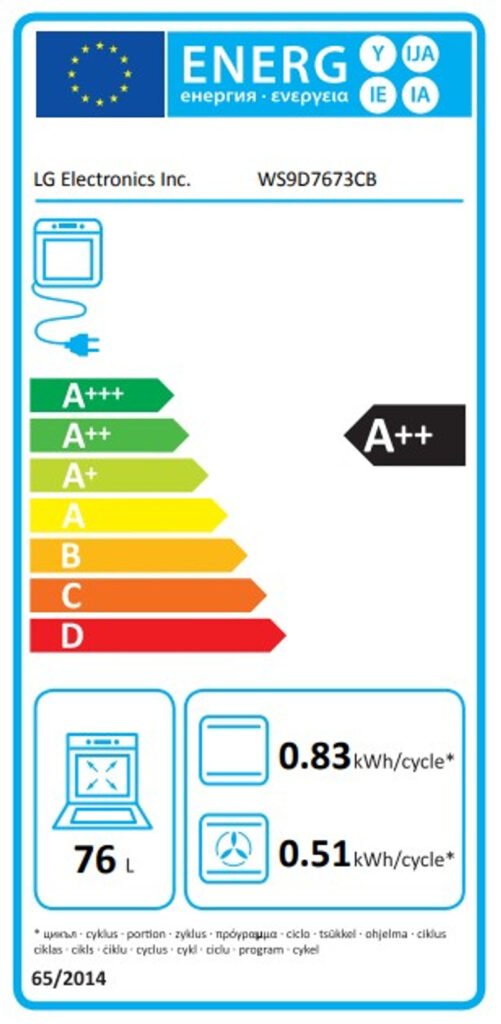 Étiquette énergétique de l'UE pour LG WS9D7676CB : Classé A++ (échelle A+++ à D), 76L par cycle, consomme 0,83/0,51 kWh par cycle.
