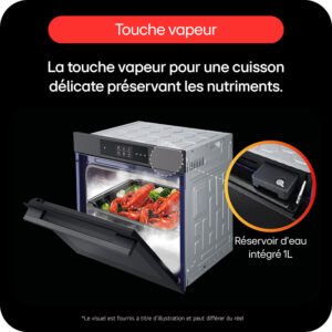 Le four vapeur LG WS9D7676CB, doté d'un réservoir d'eau intégré de 1L visible sur le côté, est présenté ouvert avec des légumes en cours de cuisson.