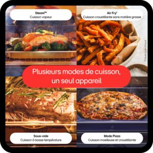 Découvrez le LG WS9D7676CB, qui propose quatre modes de cuisson - vapeur, friture à l'air, sous-vide et pizza -, chacun illustré par des images vivantes de plats savoureux.