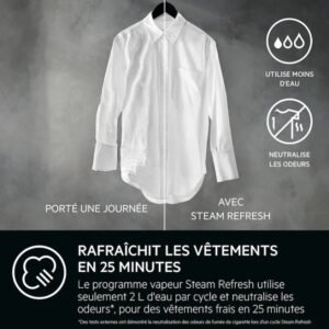 Une chemise blanche est présentée avant et après l'utilisation de la fonction de rafraîchissement à la vapeur de l'AEG LFR73A943V, démontrant une élimination impressionnante des odeurs.