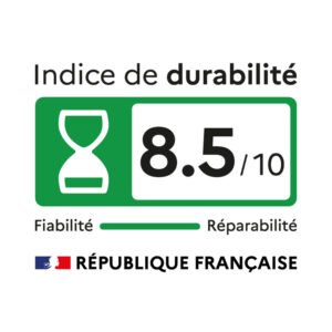 L'étiquette de l'indice de durabilité français du lave-linge AEG LFR73A943V affiche une note de 8,5/10, avec une icône de sablier et le logo de la République française.