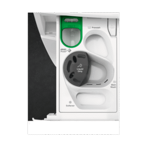 Ouvrez le tiroir à détergent AEG LFR73A943V pour voir les compartiments pour les dosettes, le liquide, le prélavage, le lavage principal et l'adoucisseur.